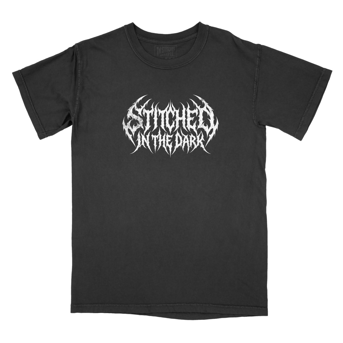 Front of a black vintage-wash graphic tee featuring a small white Stitched in the Dark metal-style logo centered on the chest.