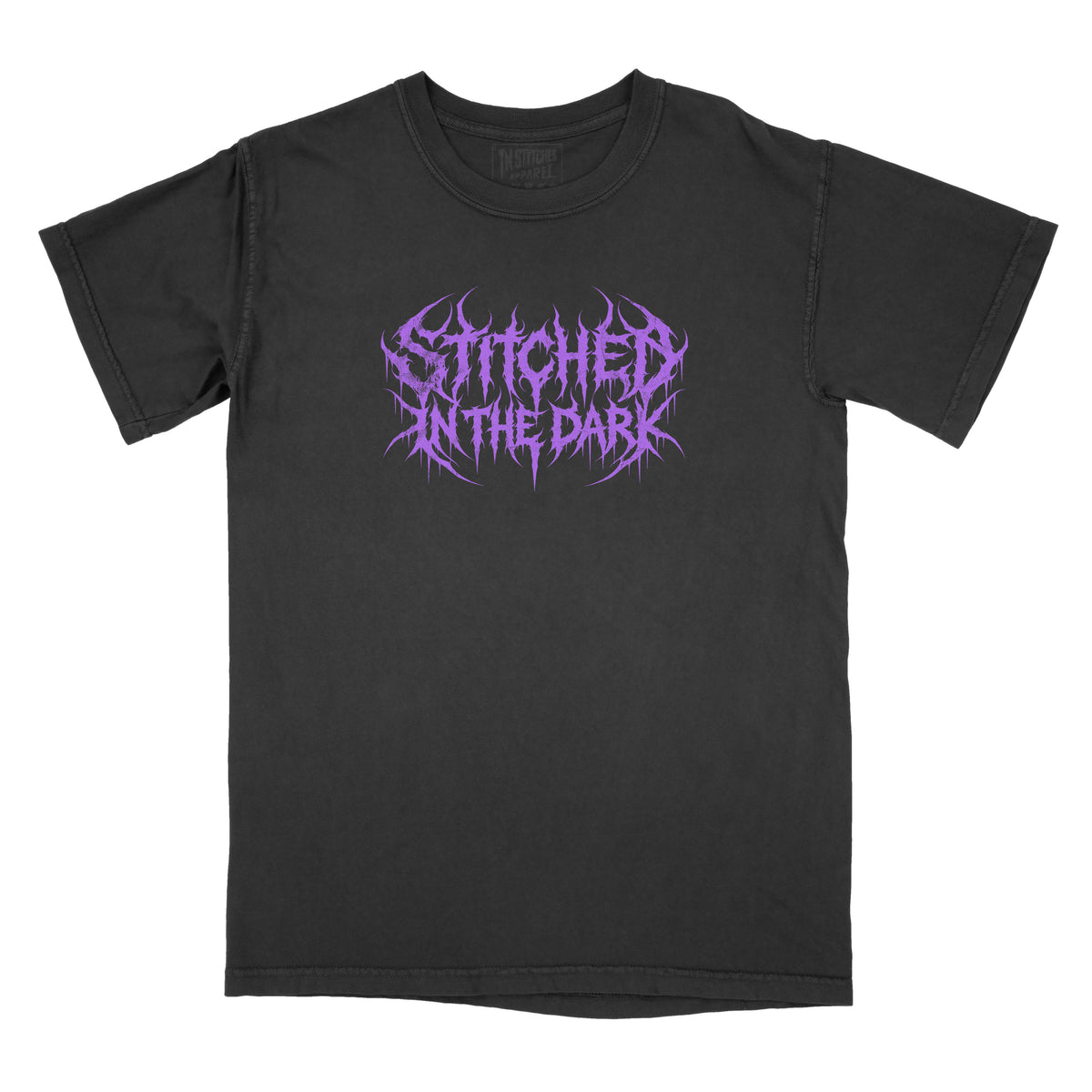 Front of a black vintage-wash graphic tee featuring a purple Stitched in the Dark metal-style logo centered on the chest.