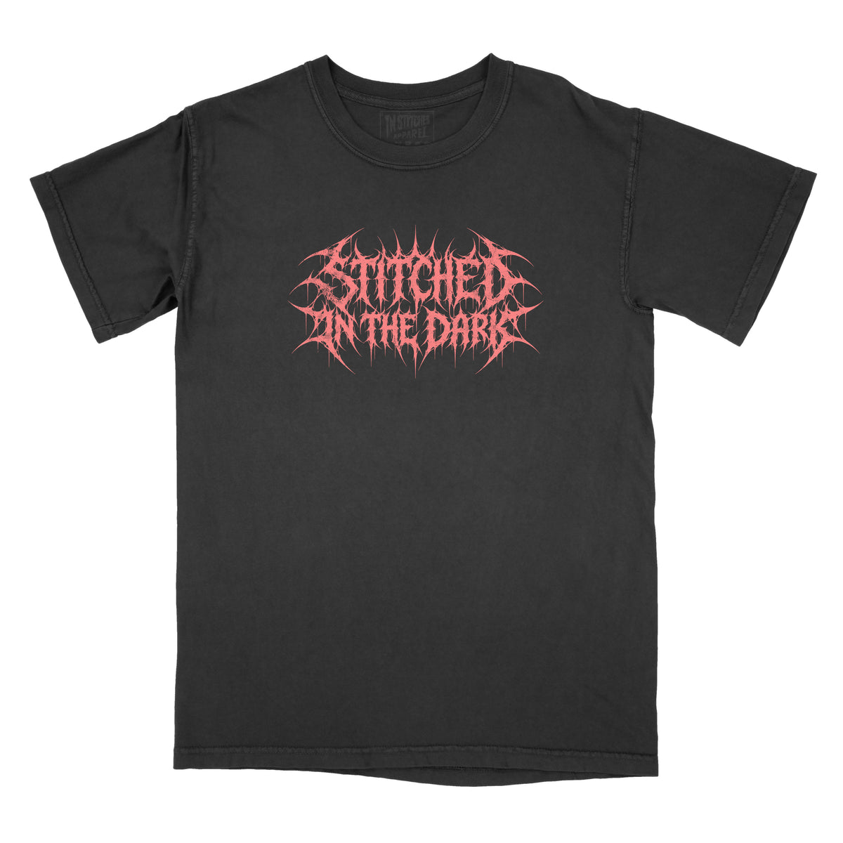 Front of a black vintage-wash graphic tee featuring a red Stitched in the Dark metal-style logo centered on the chest.