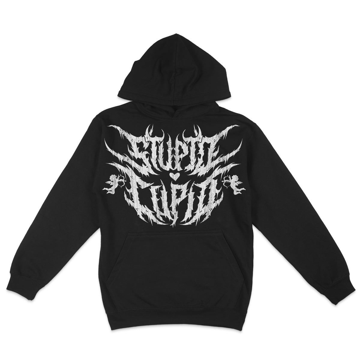 Front view of a black pullover hoodie featuring a graphic design with the phrase “Stupid Cupid” in stylized lettering on the chest.