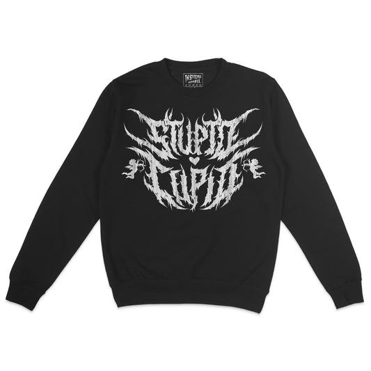 A black crewneck sweatshirt with a white metal text print reading 'Stupid Cupid' on the front.