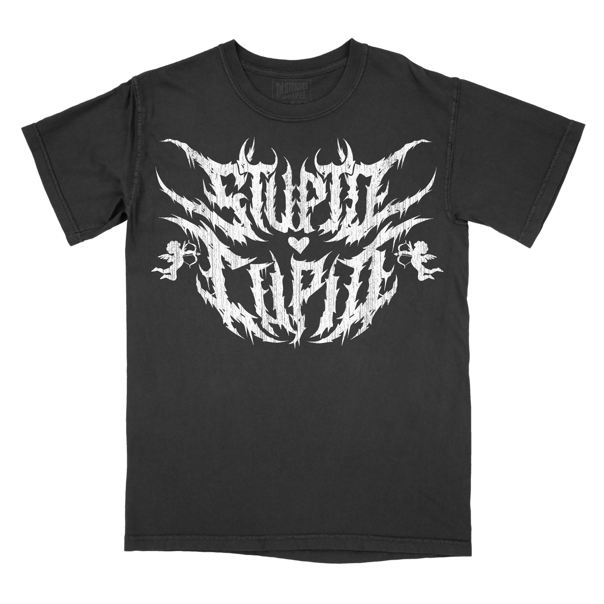 Black t-shirt featuring a graphic design with the phrase “Stupid Cupid” in stylized lettering on the chest.