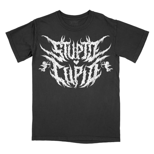 Black t-shirt featuring a graphic design with the phrase “Stupid Cupid” in stylized lettering on the chest.