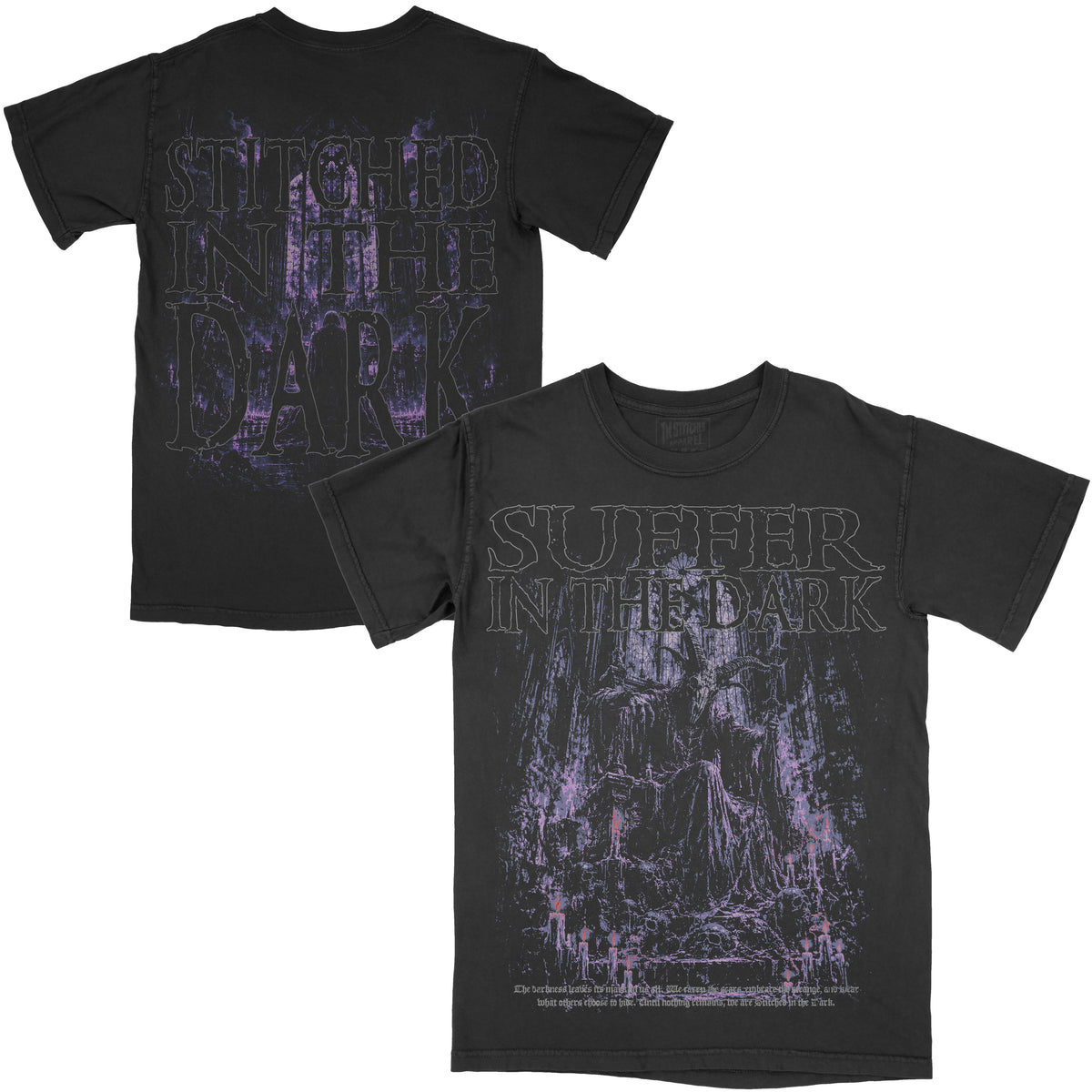Front and back views of a black vintage-wash Suffer in the Dark graphic tee featuring a dark seated figure in a haunting purple forest on the front and oversized Stitched in the Dark artwork on the back.