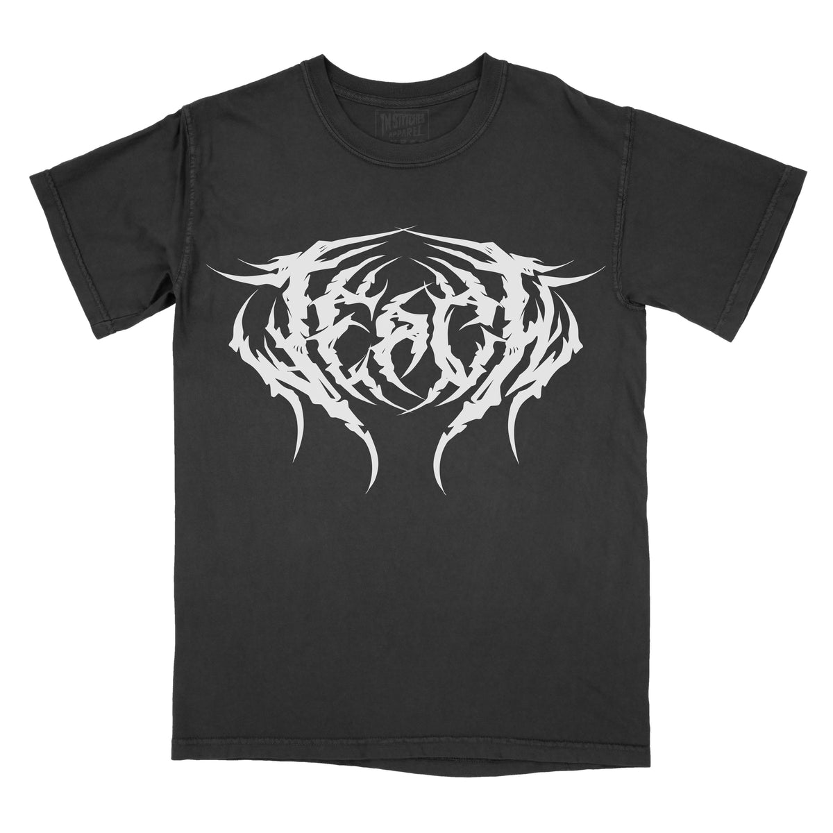 A black graphic tee with a white metal font design on the front that says teach.