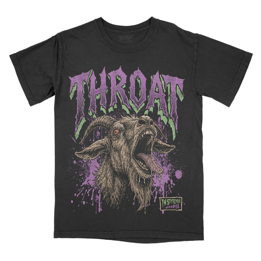Black Comfort Colors graphic T-shirt featuring a detailed goat illustration with the word "Throat" in distressed gothic lettering and purple grunge accents.