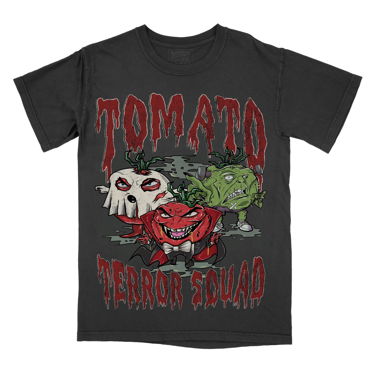 Black graphic tee with 'TOMATO TERROR SQUAD' text and illustrations of tomatoes with human-like faces.