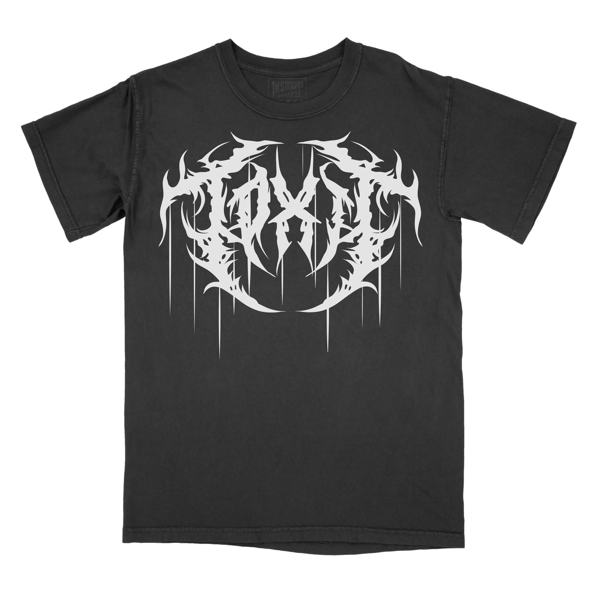 Black T-shirt featuring the word "TOXIC" in a white heavy metal-inspired font with mirrored, jagged lettering, flame-like spikes, and long dripping details.