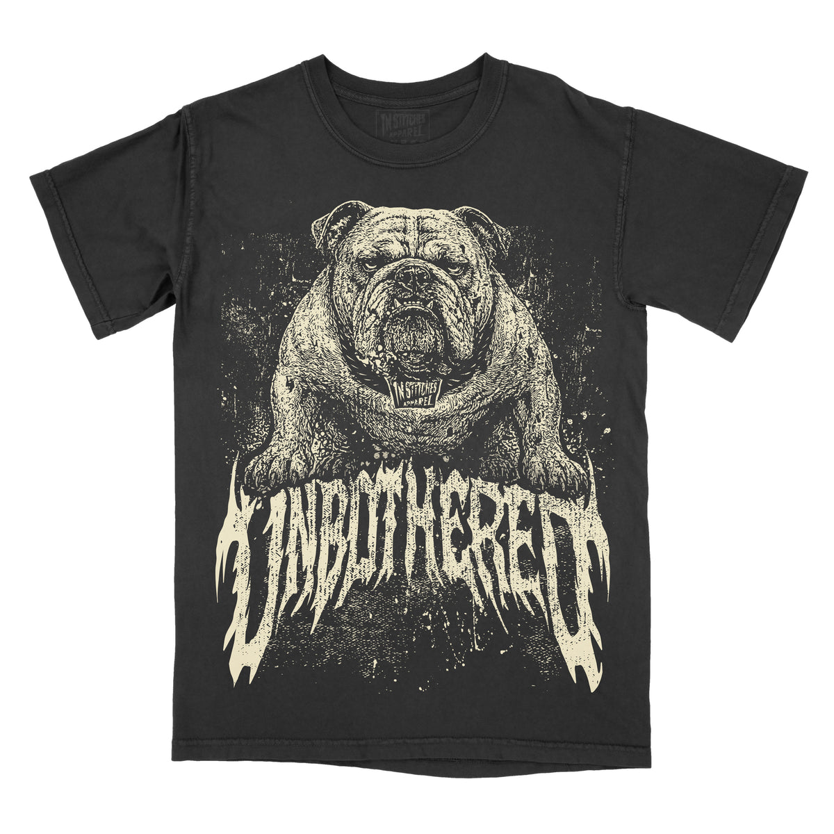 A black short-sleeve graphic t-shirt featuring a detailed illustration of a bulldog above the stylized text 'UNBOTHERED' in a distressed cream color, shown against a plain white background.