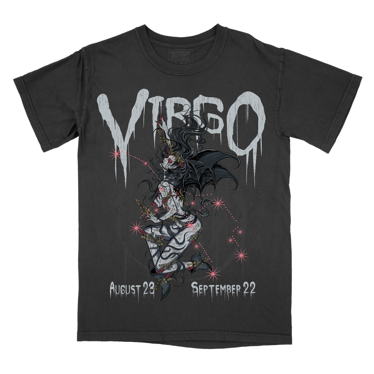 Pepper comfort colors t-shirt with “Virgo” text, illustrated zodiac artwork, and dates August 23 to September 22.