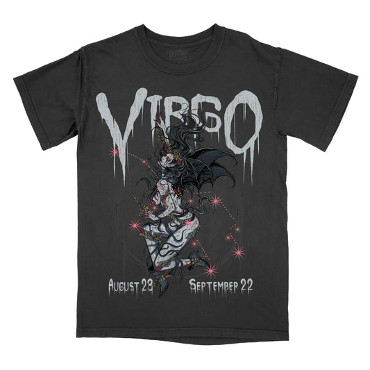 Pepper comfort colors t-shirt with “Virgo” text, illustrated zodiac artwork, and dates August 23 to September 22.