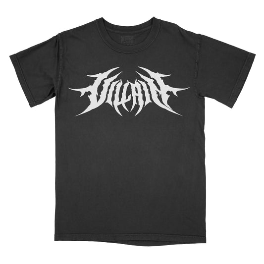 Black T-shirt featuring the word "VILLAIN" in a white heavy metal-inspired font with sharp, angular lettering, pointed spikes, and a symmetrical design.