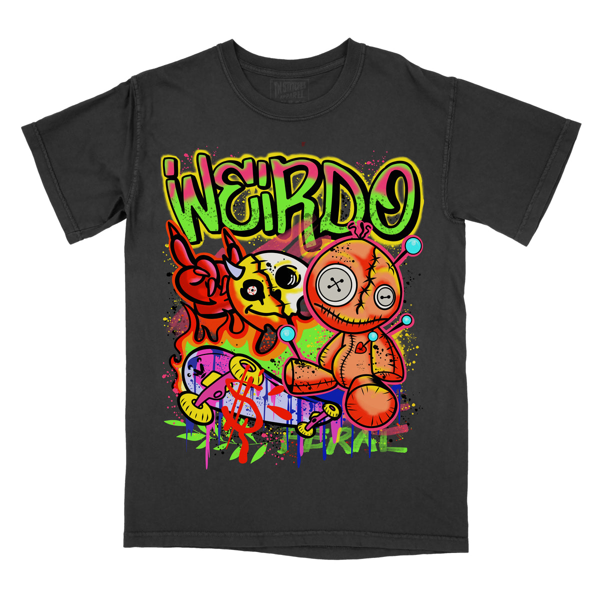 A black graphic tee with a colorful illustration that includes text that says weirdo and abstract designs, featuring short sleeves.