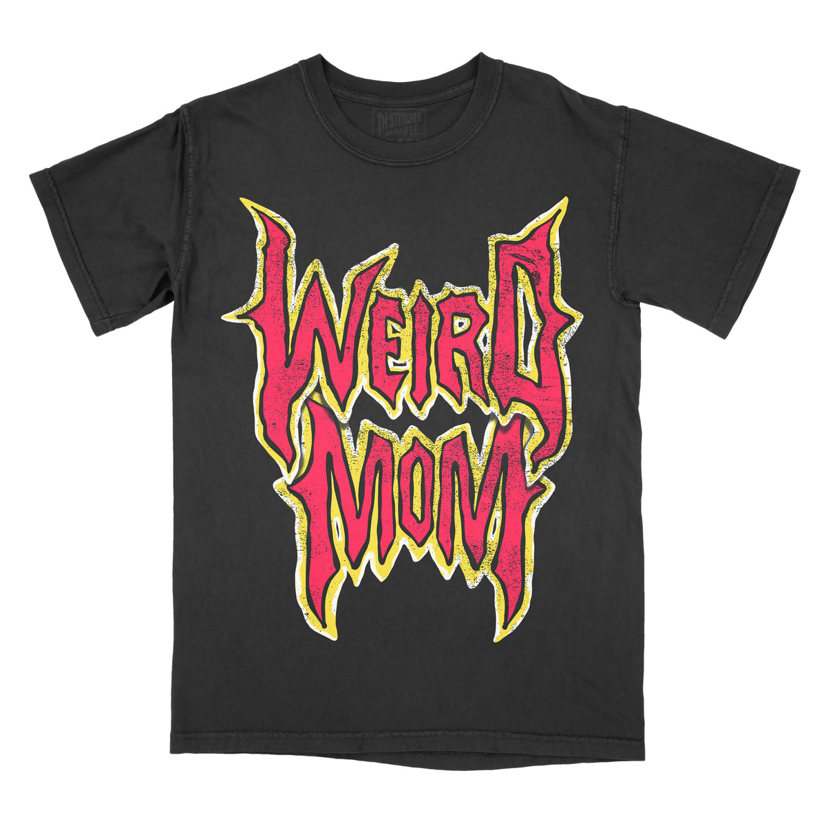 Black garment-dyed graphic t-shirt featuring the phrase "Weird Mom" in bold gothic-inspired typography with distressed vintage styling.
