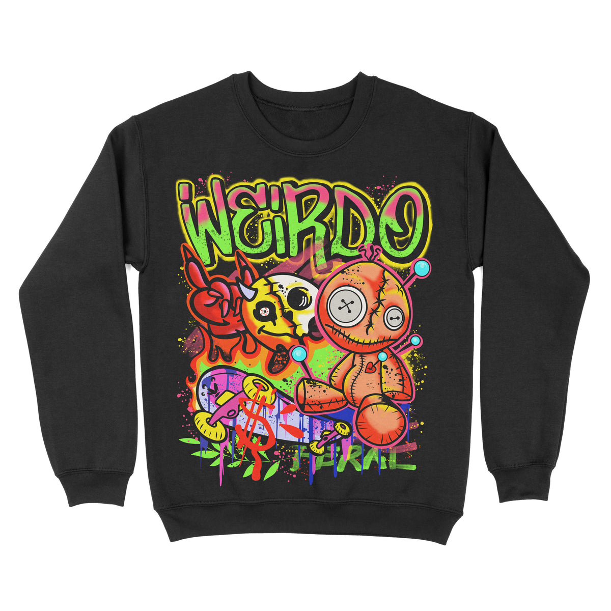 A black crewneck sweatshirt with a colorful graphic print featuring cartoon characters and Weirdo text.