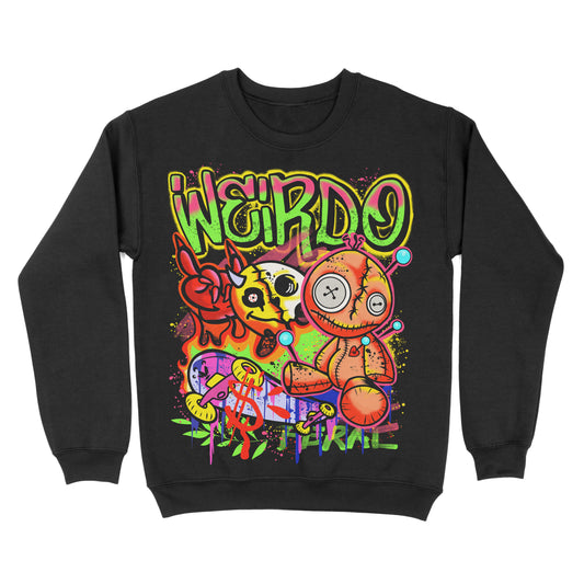 A black crewneck sweatshirt with a colorful graphic print featuring cartoon characters and Weirdo text.