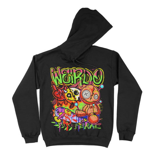 A black hoodie with a colorful graphic design featuring skulls, hearts, and text on the front that says weirdo.