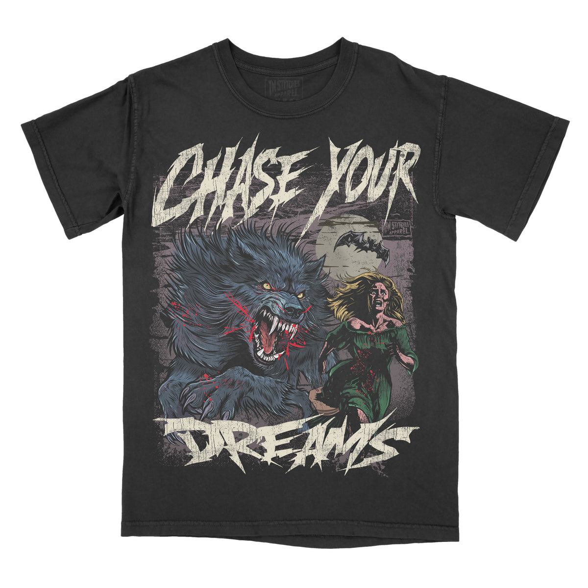 A black graphic tee with a design featuring a stylized wolf and a person, and the text 'CHASE YOUR DREAMS' printed above.