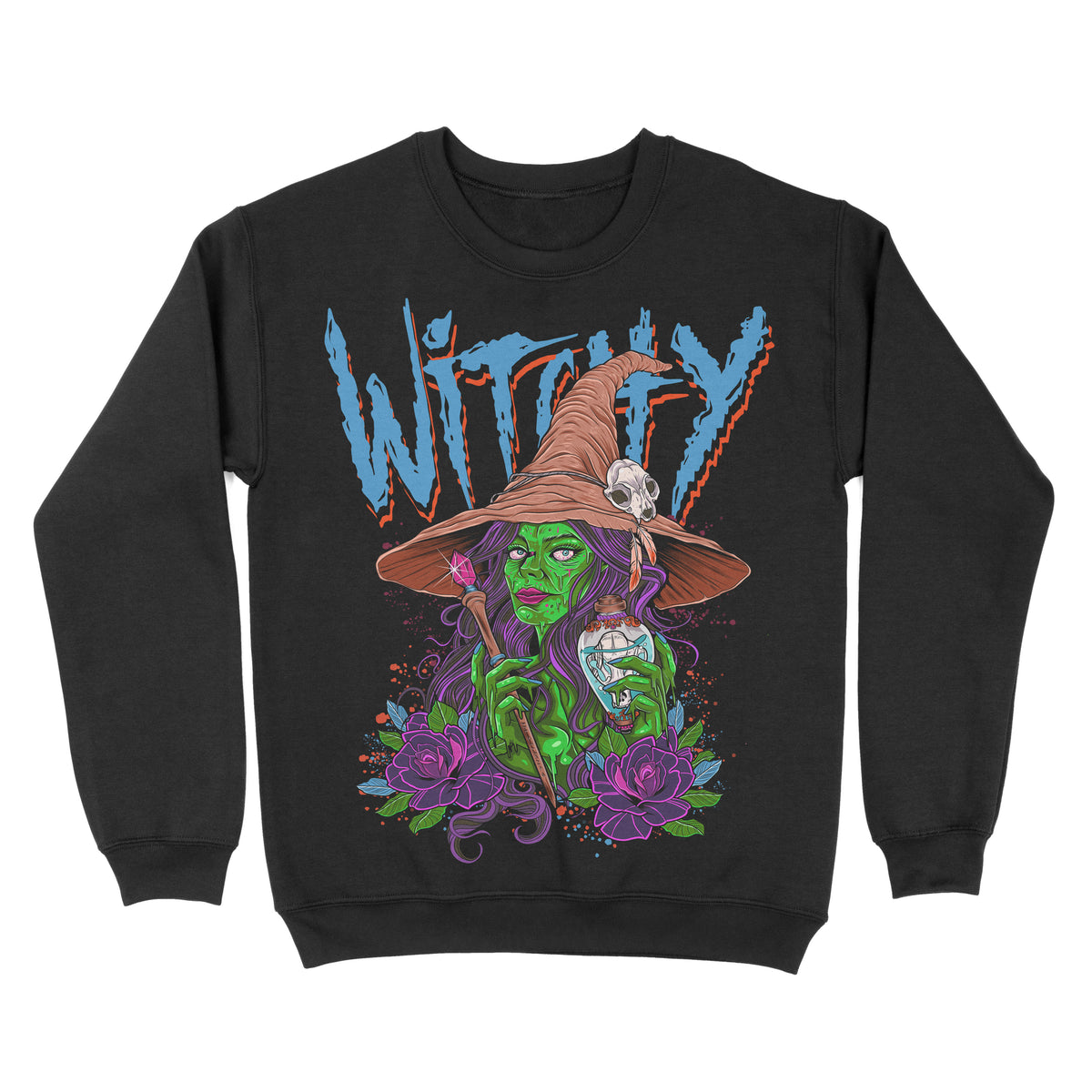 A black crewneck sweatshirt with a colorful illustration of a character resembling a witch, complete with a green hat and purple hair, holding a wand and a bottle, surrounded by a vibrant, decorative backdrop with the phrase witchy at the top. 