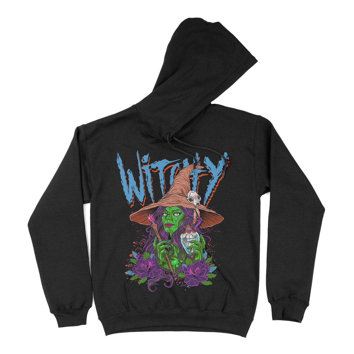 Black hoodie with a graphic print featuring a witch with  hat and purple hair on the front that says witchy. 