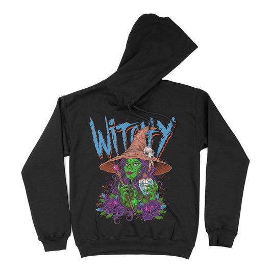 Black hoodie with a graphic print featuring a witch with  hat and purple hair on the front that says witchy. 