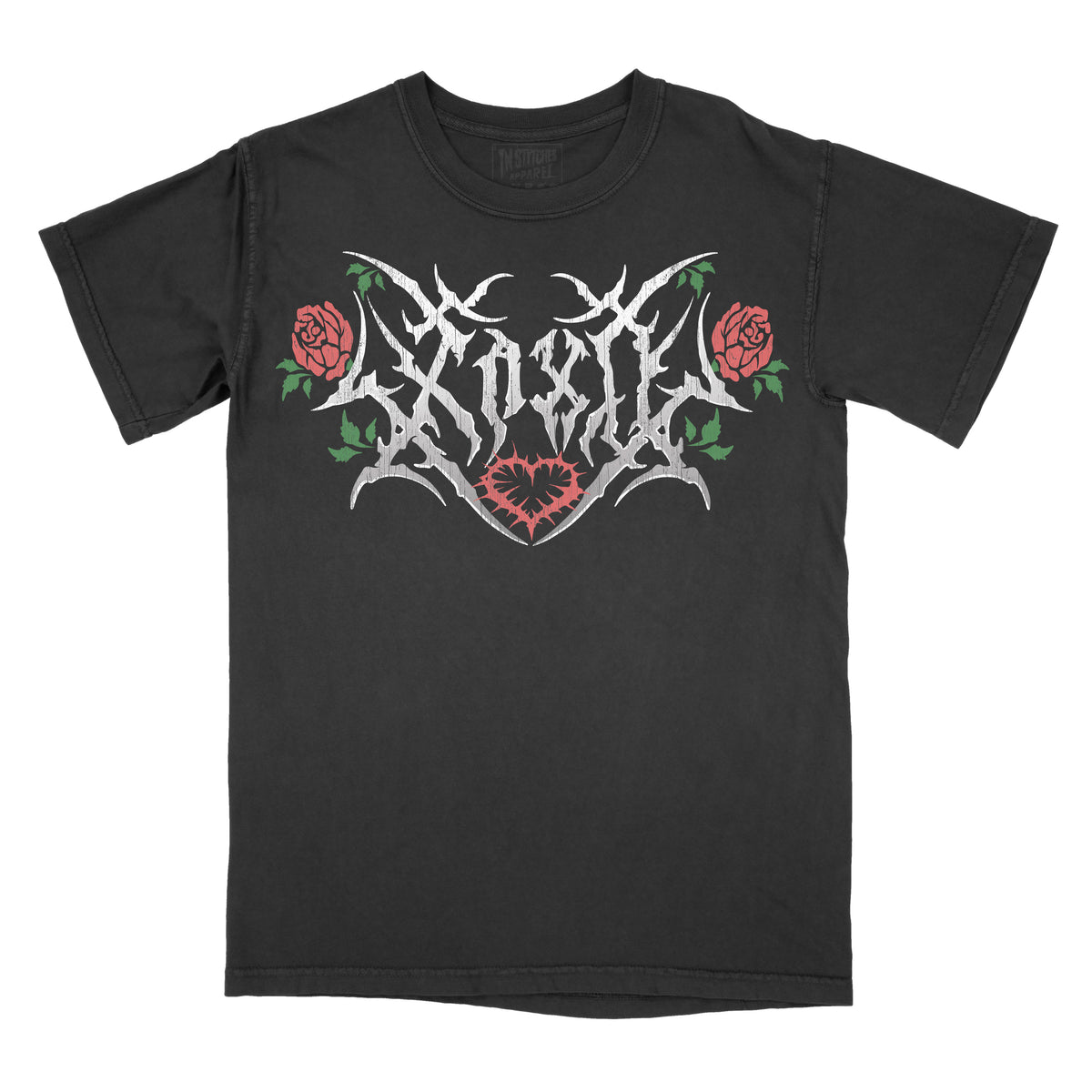 Black graphic tee with a design that includes the metal font text 'XOXO' and rose motifs.