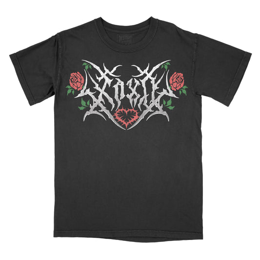 Black graphic tee with a design that includes the metal font text 'XOXO' and rose motifs.