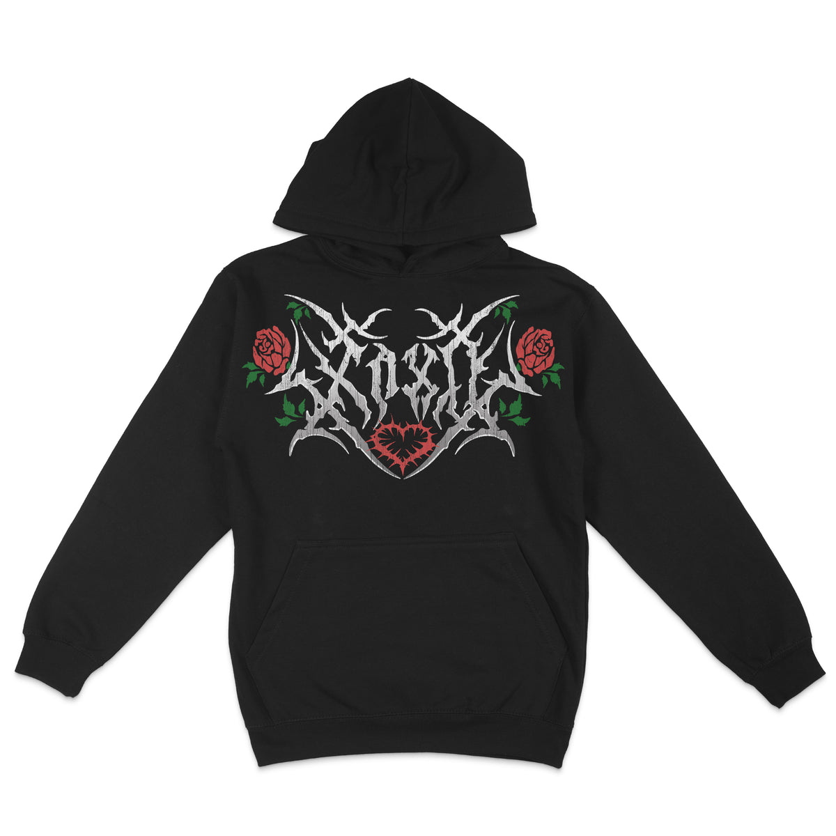 Black hoodie with 'XOXO' text and floral designs in white and green on the front.