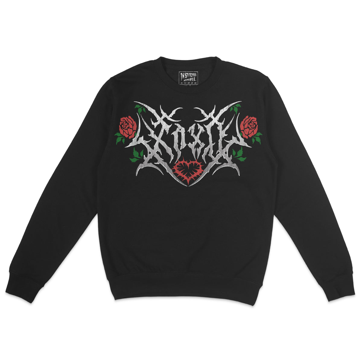 A black crewneck sweatshirt with a graphic print of 'XOXO' in stylized lettering, accompanied by a design that resembles a floral pattern.