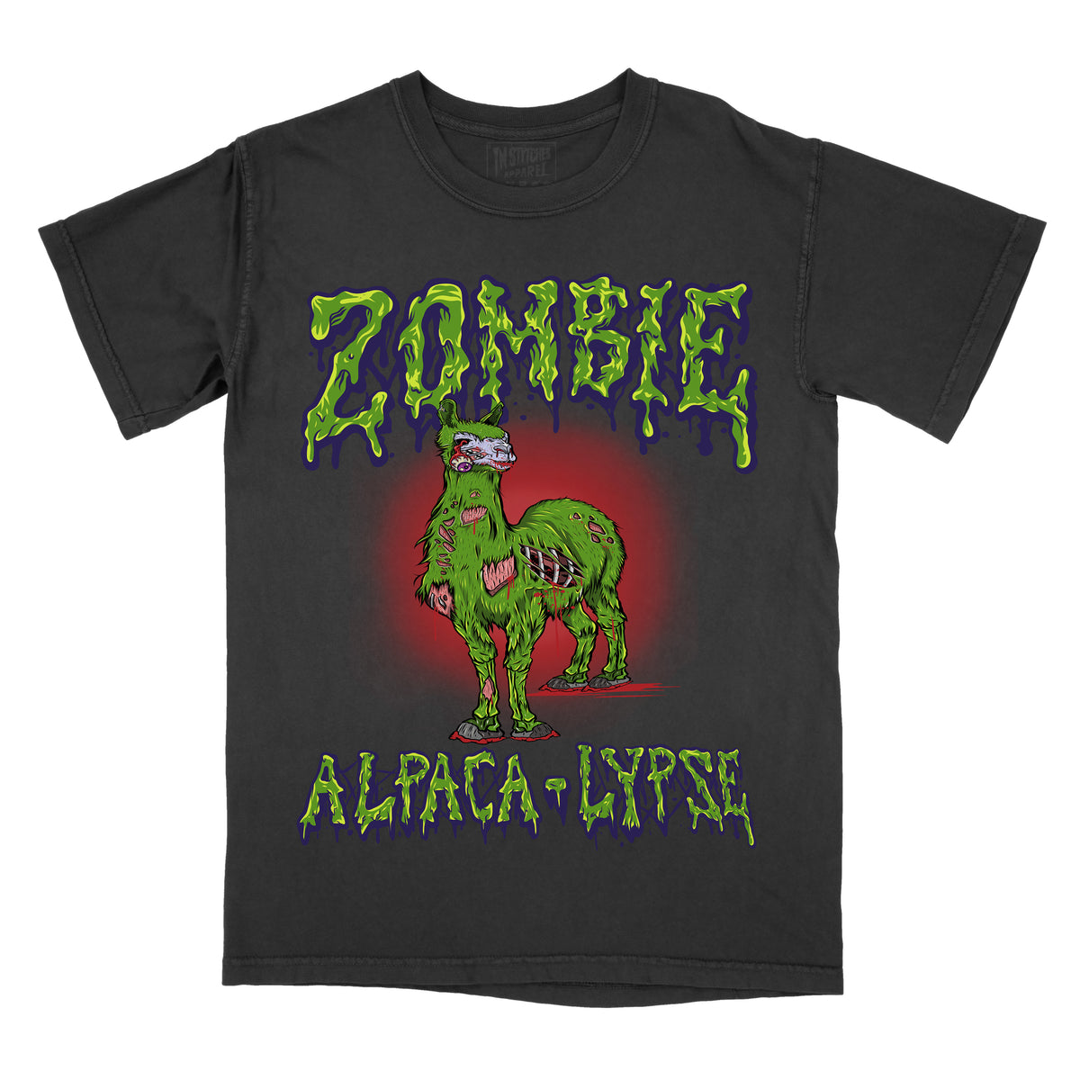 Black t-shirt with a graphic print of an alpaca and the text 'ZOMBIE ALPACA-LYPSE' in a stylized font.