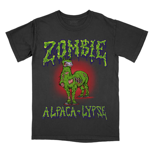 Black t-shirt with a graphic print of an alpaca and the text 'ZOMBIE ALPACA-LYPSE' in a stylized font.