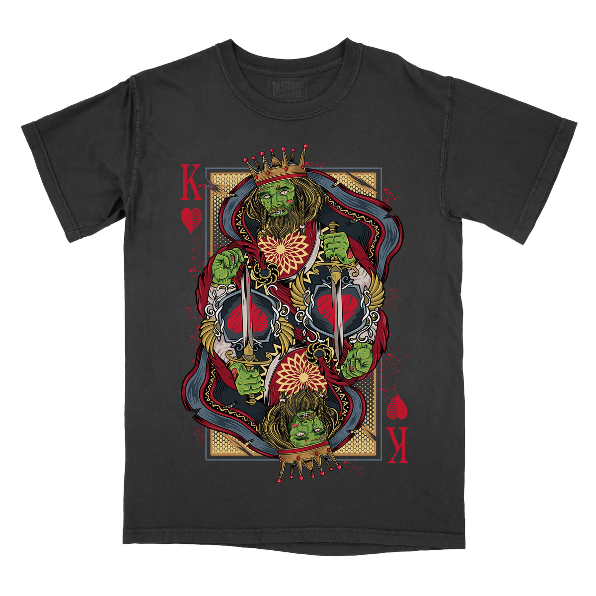 Black t-shirt featuring a bold King of Hearts playing card–style graphic with mirrored green figures, red heart symbols, and ornate gothic detailing on the front.